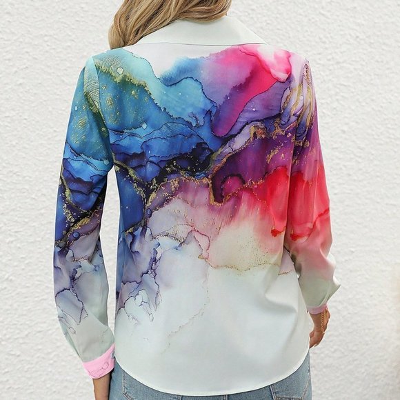 Multicolor Casual Womens Marble Print Button Front Shirt - Picture 2 of 5